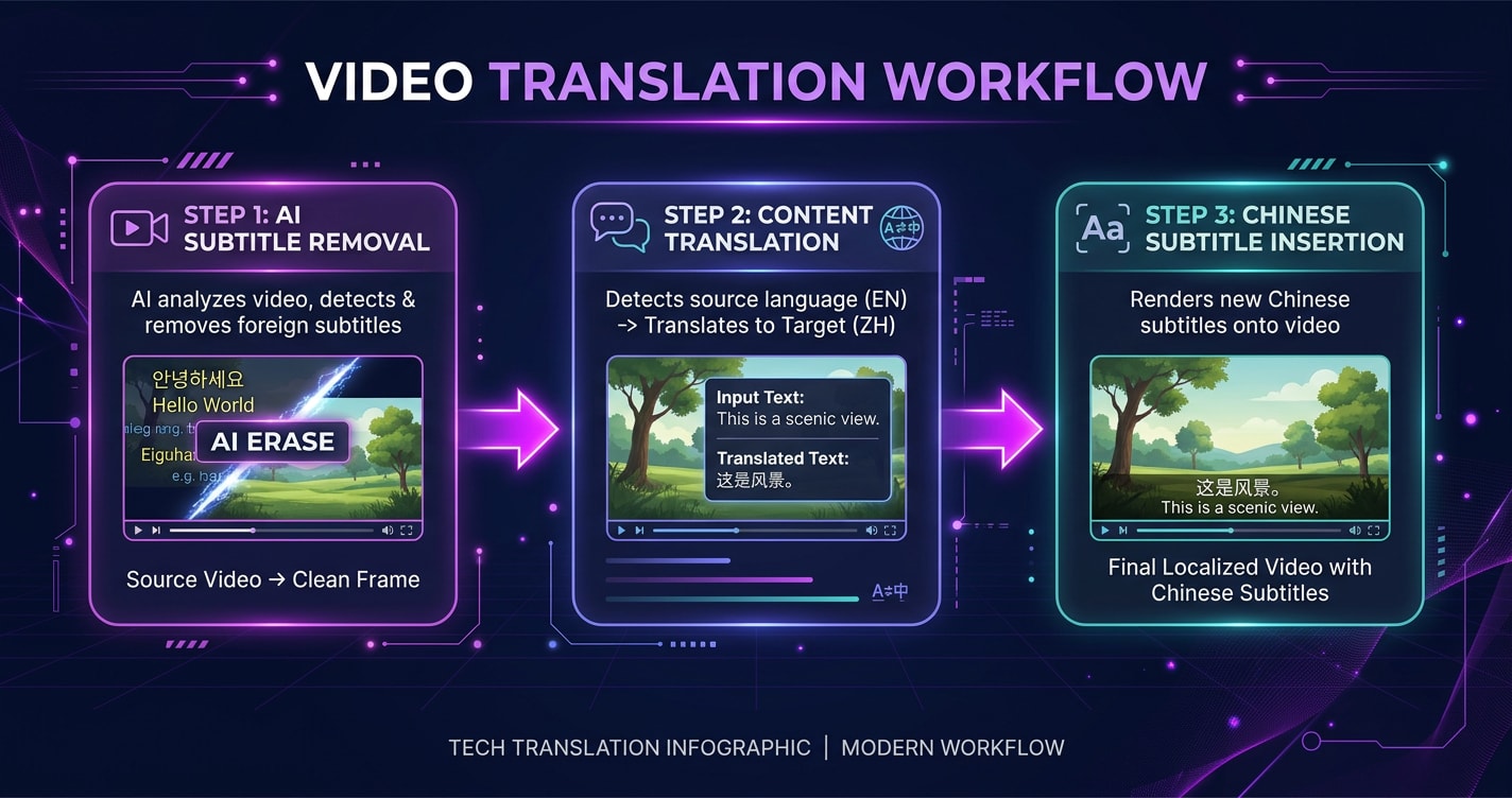 外语视频去字幕翻译工作流程示意图